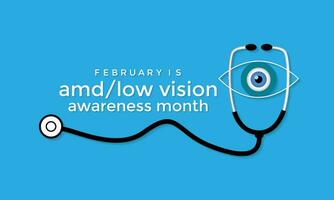 Amd low vision awareness month observed every year in month of February. Banner, poster, card template design. Health awareness. vector