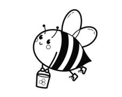 Cartoon cute  bee flies with a bucket of honey in hands. Outline illustration, design elements or page of children's coloring book. vector