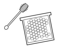 Honeycombs frame with honey and wooden spoon for honey. Beekeeping, healthy food. Design element. Black and white illustration Isolated on white background. vector