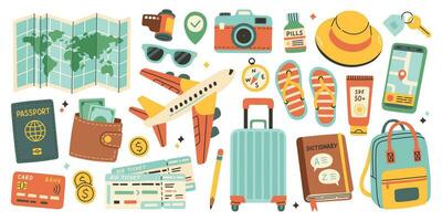 Travel set. Traveling collection, isolated camera and map, clothes and accessories needed in trip. Baggage, hat, backpack, documents, money. Vector tourist set in flat style.