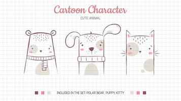 Set Cartoon Characters. Polar bear, puppy, kitty. Cute Amimal. Illustration for Kids vector