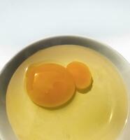 Broken chicken egg yolk on a white saucer on a white background. photo