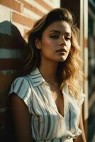 ai generado maravilloso hermosa joven mujer con alto contraste sombra y de moda estilo foto