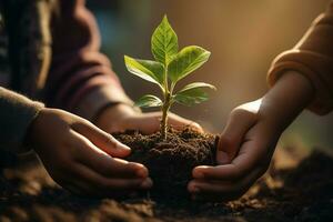 AI generated Children Hands Planting Tree Seedling in the Ground photo