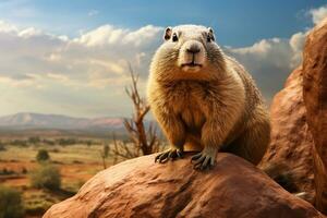 AI generated Groundhog Standing on a Rock with Nature View photo