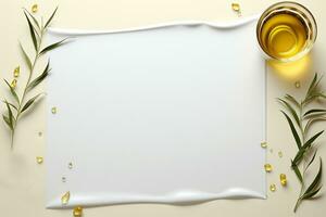 AI generated Empty White Paper with Olive Oil in Glass photo