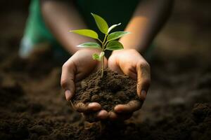 AI generated Child Hands Carrying Soil with Tree Seedling photo