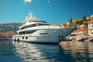 AI generated White Yacht Stopping at Harbor with Nature View photo