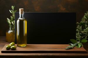 AI generated Empty Black Paper Card with Olive Oil in Bottle photo