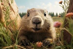 ai generado linda marmota con flor planta en el parque foto