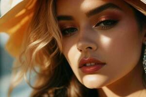 AI generated Stunning beautiful young woman with high contrast shadow and fashionable style photo