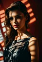 AI generated Stunning beautiful young woman with high contrast shadow and fashionable style photo