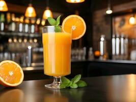 AI generated close-up of a glass of orange juice photo