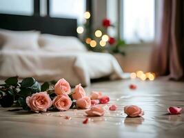 AI generated close-up detailed portrait of pink roses on the floor with a blurred bed background photo