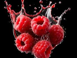 AI generated close-up portrait of raspberries with splashes of water photo