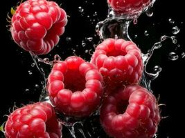 AI generated close-up portrait of raspberries with splashes of water photo