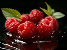 AI generated close-up portrait of raspberries with splashes of water photo