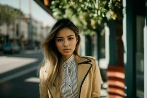 ai generado maravilloso hermosa joven mujer con alto contraste sombra y de moda estilo foto