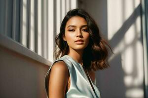 AI generated Stunning beautiful young woman with high contrast shadow and fashionable style photo