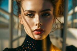 AI generated Stunning beautiful young woman with high contrast shadow and fashionable style photo