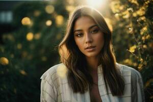 ai generado maravilloso hermosa joven mujer con alto contraste sombra y de moda estilo foto