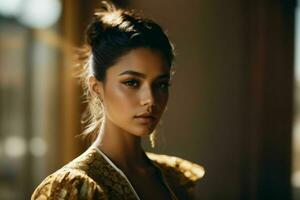 ai generado maravilloso hermosa joven mujer con alto contraste sombra y de moda estilo foto