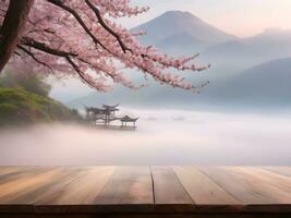 AI generated wooden planks and sakura trees with views of dew in nature in the morning photo