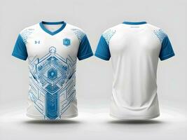 AI generated white jersey t-shirt design has an artificial intelligence pattern, minimalist style and looks elegant photo