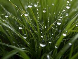 ai generado cerca arriba detalle de verde césped con agua gotas foto