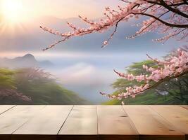 AI generated wooden planks and sakura trees with views of dew in nature in the morning photo