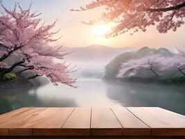 AI generated wooden planks and sakura trees with views of dew in nature in the morning photo