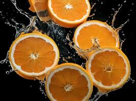 ai generado naranja rebanadas con agua salpicaduras en negro antecedentes foto