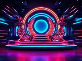AI generated stage backdrop with futuristic neon lights photo