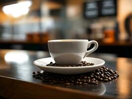 AI generated portrait of a cup of black coffee on the barista table with a blurred background in the barista room photo