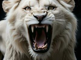 AI generated close-up detail of a fierce white lion roaring photo