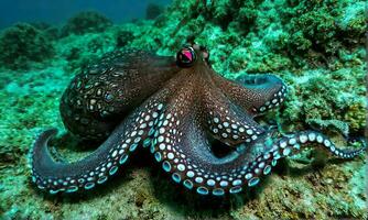 AI generated Close-up of an octopus in the sea clinging to a rock photo