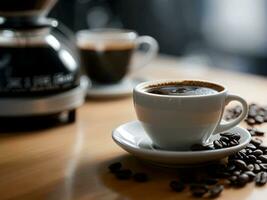 AI generated portrait of a cup of black coffee on the barista table with a blurred background in the barista room photo