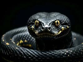 ai generado cerca arriba detalle de negro tipo de serpiente venenosa serpiente en oscuro antecedentes foto