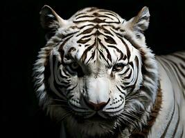 AI generated Close-up detail of isolated white tiger on black background photo