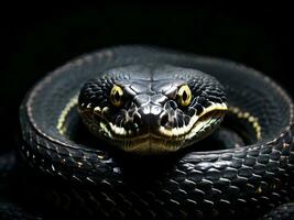 AI generated close up detail of black mamba snake on dark background photo