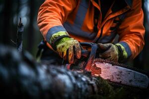 ai generado silvicultura trabajador corte árbol con motosierra foto