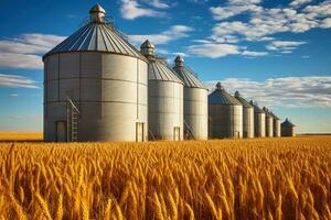 AI generated Grain Silos Amidst Golden Wheat Field Under Blue Sky generative ai photo