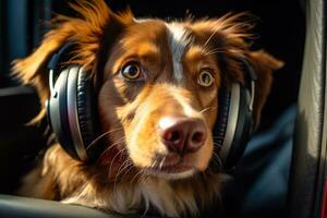 ai generado perro con auriculares disfrutando música en coche generativo ai foto