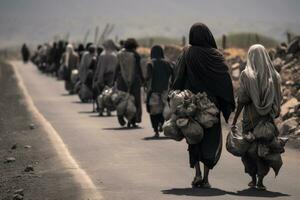 ai generado refugiados caminando en la carretera con pertenencias foto