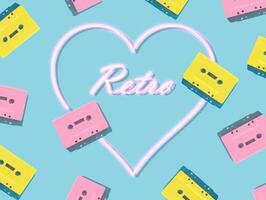 Pattern of retro pink and yellow audio cassette tapes with pink neon heart on blue background. Creative concept of retro technology. 80's aesthetic. Vintage audio cassette tape idea. Retro nostalgia. photo