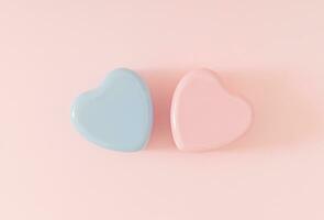 Creative layout made with smooth textured pastel blue and pink hearts on pastel peachy pink background. Minimal love concept. Trendy romantic flat lay idea. Love aesthetic background. photo