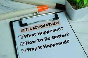 Concept of After Action Review write on paperwork. Supported by an additional services isolated on wooden background. photo