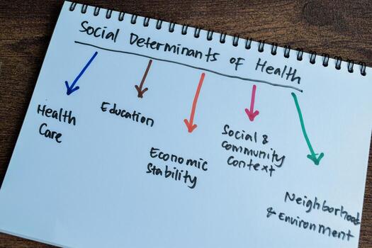 Concept of Social Determinants of Health write on book with keywords isolated on Wooden Table. photo