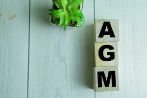 Concept of The wooden Cubes with the word AGM on wooden background. photo