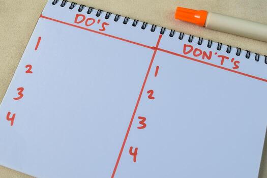 Concept of Do's and Don't's write on book isolated on Wooden Table. photo